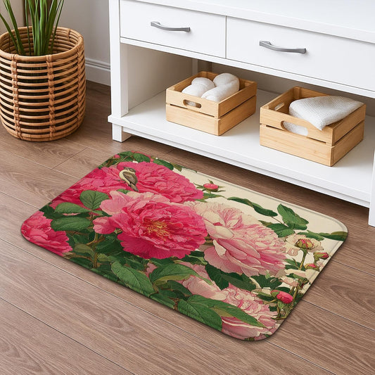 Spring Peony Floral Quick Dry Bath Mat, Vintage Peach Flower Plants Absorbent Non Slip Shower Mat, Elegant Memory Foam Washable Bath Rugs for Bathroom Toilet Restroom Decorative 20x32 Inch