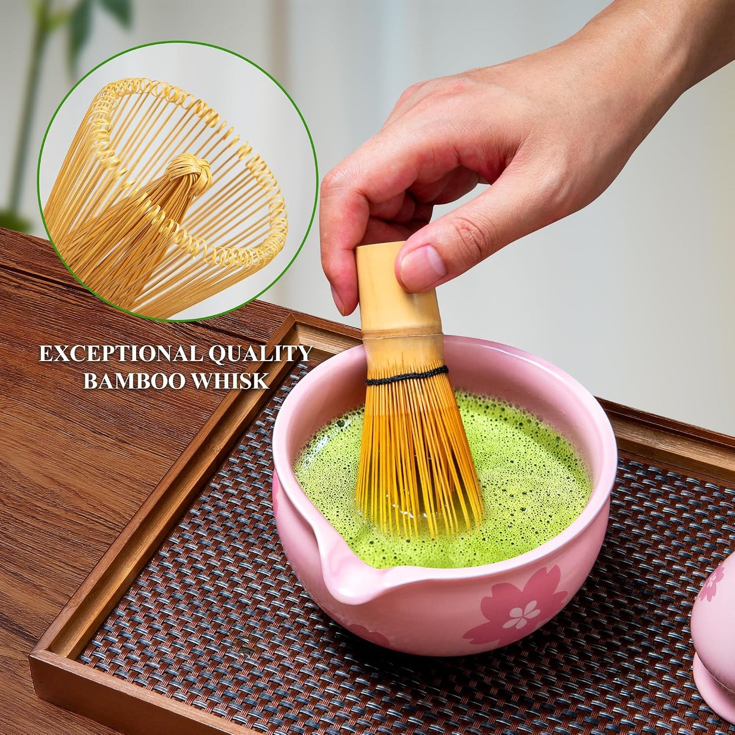 YIBO Matcha Whisk Set, Matcha Making Kit Bamboo Whisk (Chasen), Pink Printing Ceramic Whisk Holder Stand, Sifter, Scoop Japanese Tea Tools For Ceremony Gift