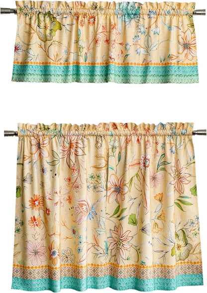 Maison d' Hermine Kitchen Curtain Set for Windows 100% Cotton Set of Kitchen Curtain Valance for Home [2 Tier (28"X36") and 1 Valance (56"X18")] Cafe Spring Summer (Luxury Loft - Peach)