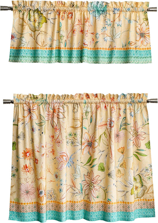 Maison d' Hermine Kitchen Curtain Set for Windows 100% Cotton Set of Kitchen Curtain Valance for Home [2 Tier (28"X36") and 1 Valance (56"X18")] Cafe Spring Summer (Luxury Loft - Peach)
