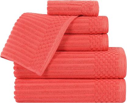 Superior 6 Piece Cotton Towel Set, Includes 2 Bath Towels, 2 Hand Towels, 2 Face Towel/Washcloths, Daily Use for Bathroom, Guest Bath, Ribbed, Absorbent, Home Essentials, Soho Collection, Coral