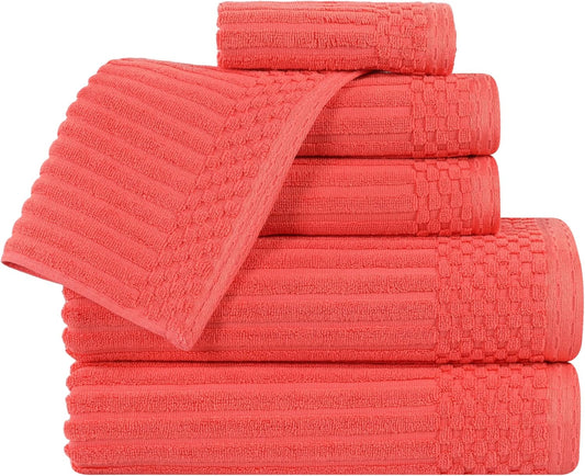 Superior 6 Piece Cotton Towel Set, Includes 2 Bath Towels, 2 Hand Towels, 2 Face Towel/Washcloths, Daily Use for Bathroom, Guest Bath, Ribbed, Absorbent, Home Essentials, Soho Collection, Coral