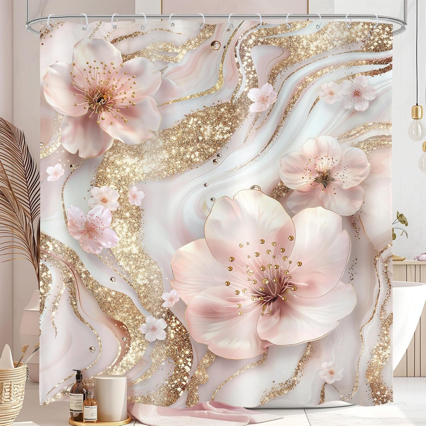 Omifly Pink and White Marble Shower Curtain 60Wx72L Inch Modern Cherry Blossom Abstract Floral Flower Minimalist Gold Ink Texture Luxury with 12 Plastic Hooks Fabric Waterproof Toilet Accessories
