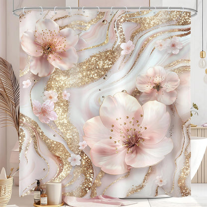 Omifly Pink and White Marble Shower Curtain 60Wx72L Inch Modern Cherry Blossom Abstract Floral Flower Minimalist Gold Ink Texture Luxury with 12 Plastic Hooks Fabric Waterproof Toilet Accessories