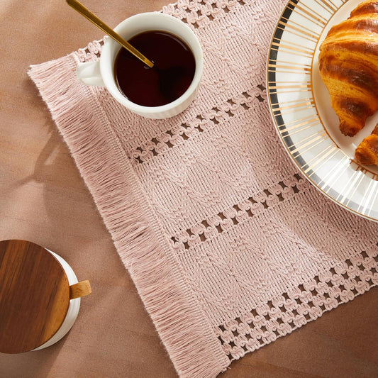 ZeeMart Macrame Style Boho Placemats Set of 6, Light Pink Decorative Natural Farmhouse Cotton Woven Place Mats Home Decor for Kitchen Dining Table