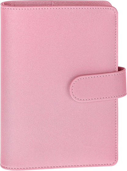 Antner A6 Notebook Binder Refillable 6 Ring Budget Binder Cover for A6 Refill Paper, PU Leather Budget Planner Organizer with Magnetic Buckle, Loose Leaf Personal Planner, Glitter Pink