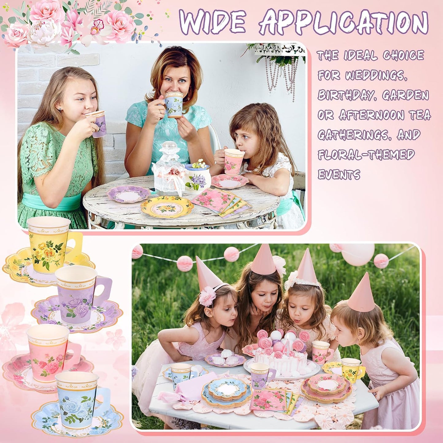 Kochorie 96 Piece Floral Paper Tea Cups and Saucers 9 Oz Teacup with Handle 9 Inch and 7 Inch Paper Plate Napkin Disposable Tea Party Supplies Serve 24 for Wedding Birthday, Pink, Blue, Yellow, Purple