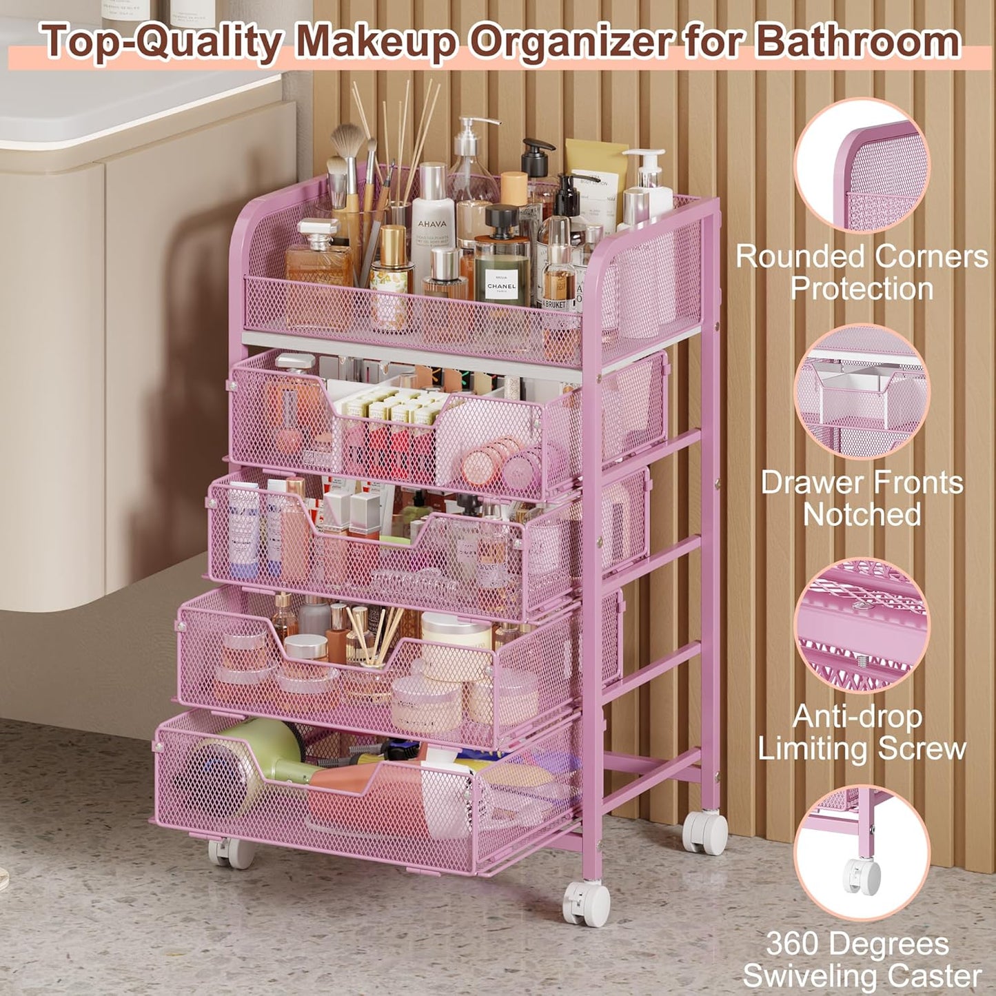 Hongtamoya Makeup Cart Organizer with 4 Drawers, Large Floor Skincare Organizers, Vanity Storage Organizer Cosmetics Display Cases for Skin Care Perfume Nail Polish, Pink