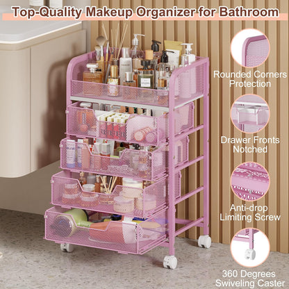 Hongtamoya Makeup Cart Organizer with 4 Drawers, Large Floor Skincare Organizers, Vanity Storage Organizer Cosmetics Display Cases for Skin Care Perfume Nail Polish, Pink