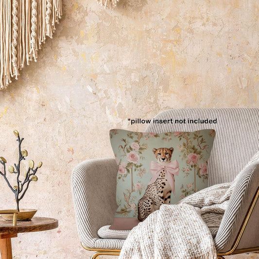 Vintage Chinoiserie Cheetah Leopard Throw Pillow Cover Gifts 18x18, Coquette Pink Bow Decor Pillow Cases for Dorm Nursery Bedroom Living Room, Retro Trendy Pillowcases for Couch Bed Sofa