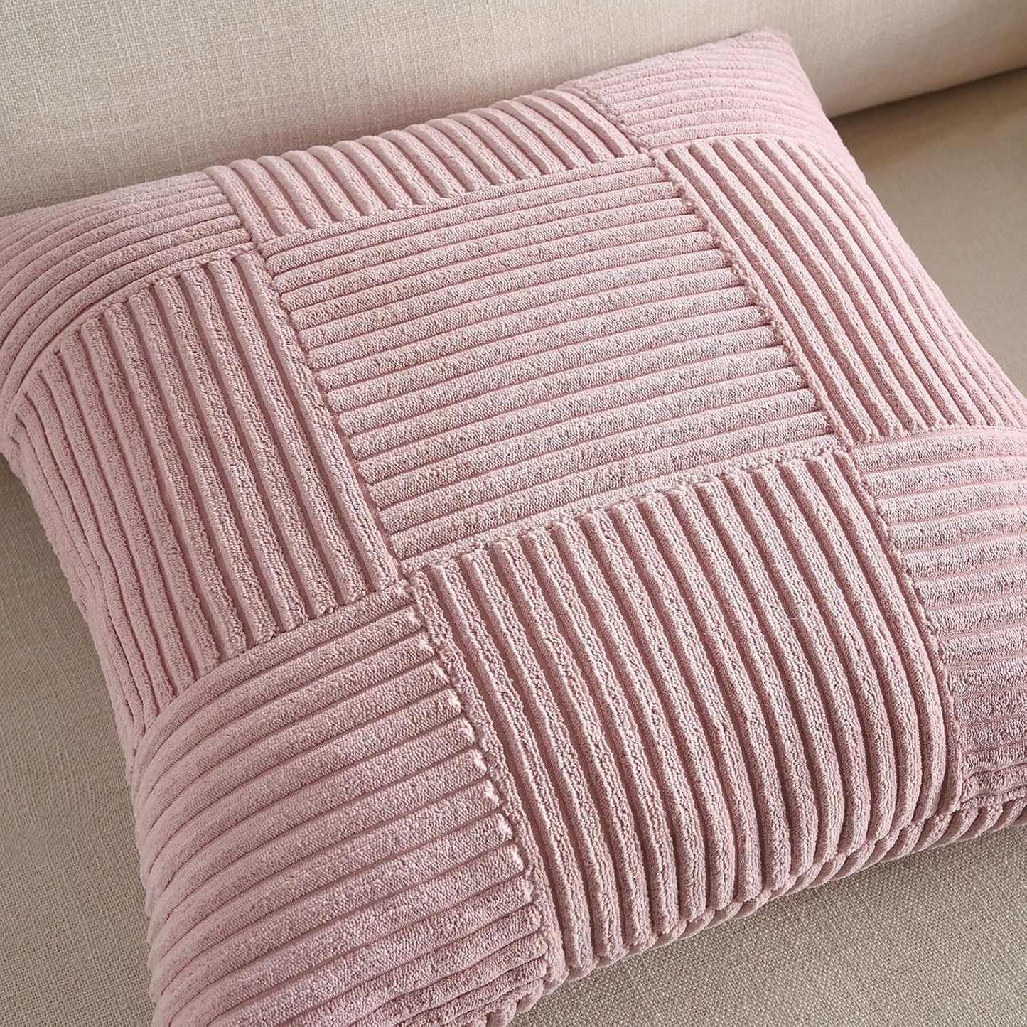 Fancy Homi Set of 2 Blush Pink Boho Decorative Throw Pillow Covers 18x18 Inch for Living Room Bedroom Couch Bed Sofa, Modern Farmhouse Home Decor, Soft Striped Plaid Corduroy Accent Cushion Case