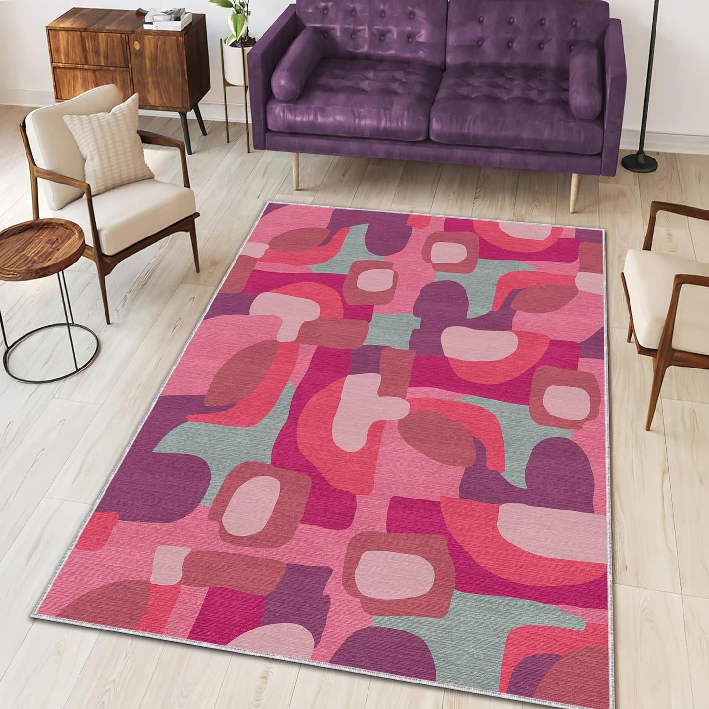 Modern Pink Abstract Art Rug Minimal Geometric Carpet for Living Room Bedroom Office Studio Contemporary Style Soft Area Mat Plush Surface 2.6x4 ft