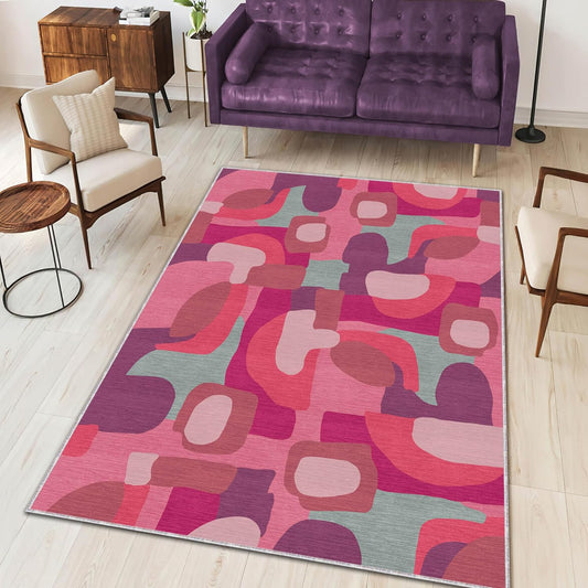 Modern Pink Abstract Art Rug Minimal Geometric Carpet for Living Room Bedroom Office Studio Contemporary Style Soft Area Mat Plush Surface 2.6x4 ft