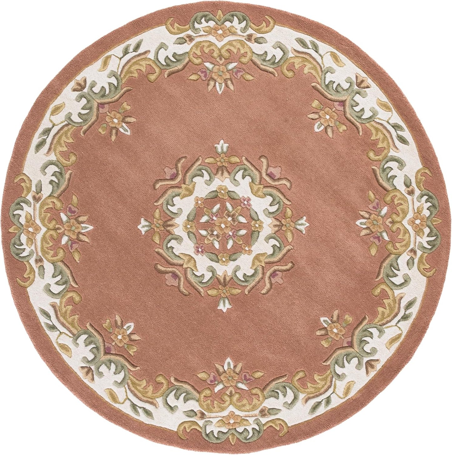 SAFAVIEH Aubusson Collection Area Rug - 6' Round, Peach & Ivory, Handmade Wool, Ideal for Living Room, Bedroom, Dining Space (AUB301S)