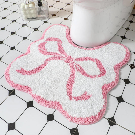 HunnmingRe Bow Toilet Rug U-Shaped Luxury Scalloped Bathroom Mat Non Slip Cute Microfiber Soft Plush Bath Rugs Pastel Bathroom Decor Coquette Stuff for Toilet Base (Pink,20 x 20 Inches)