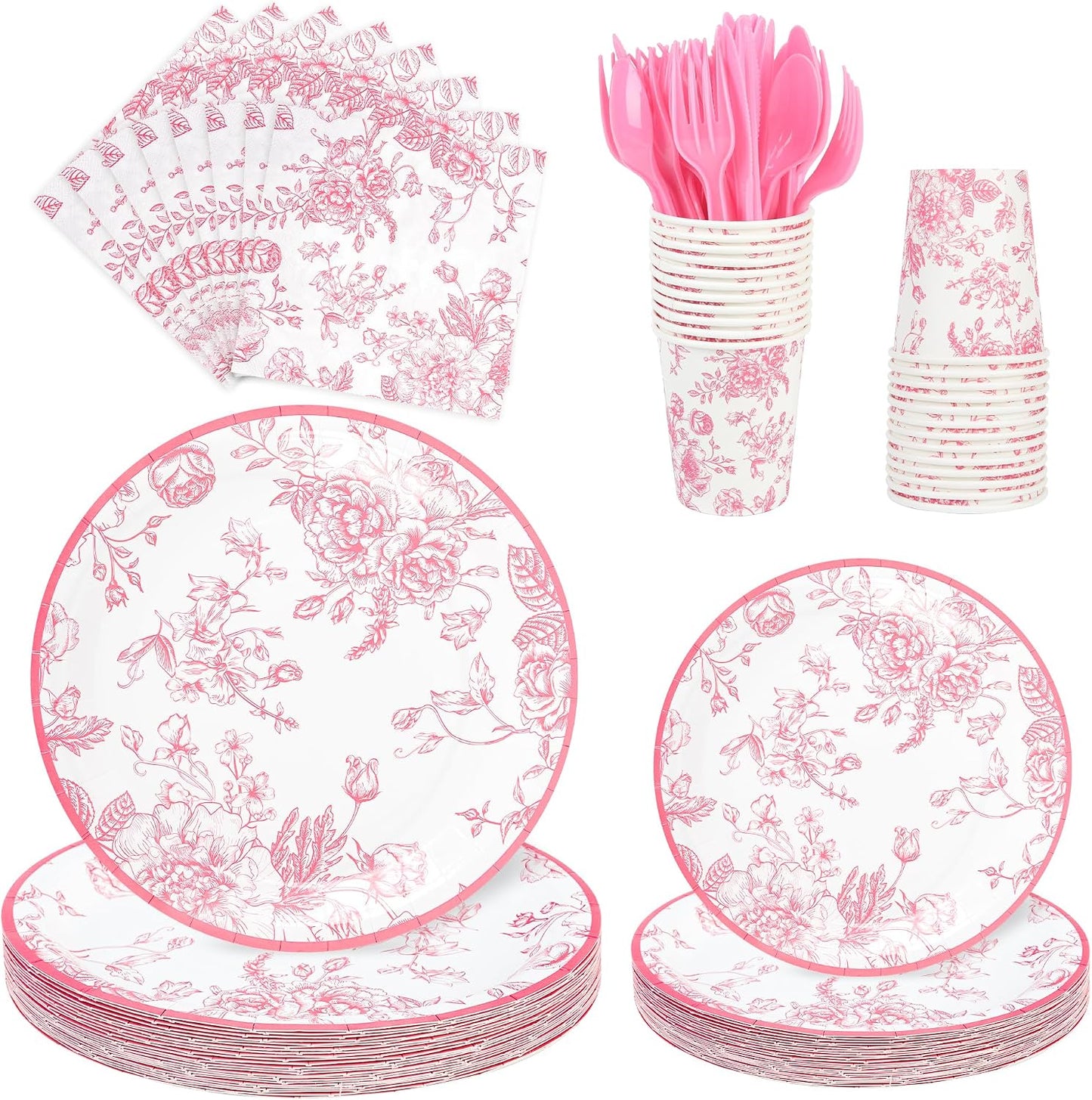 175Pcs Pink Floral Paper Plates and Napkins 25 Guests Pink White Toile Chinoiserie Party Supplies Set Include Plates Napkins Cups Spoons Forks Knives for Christmas Birthday Wedding Mother's Day