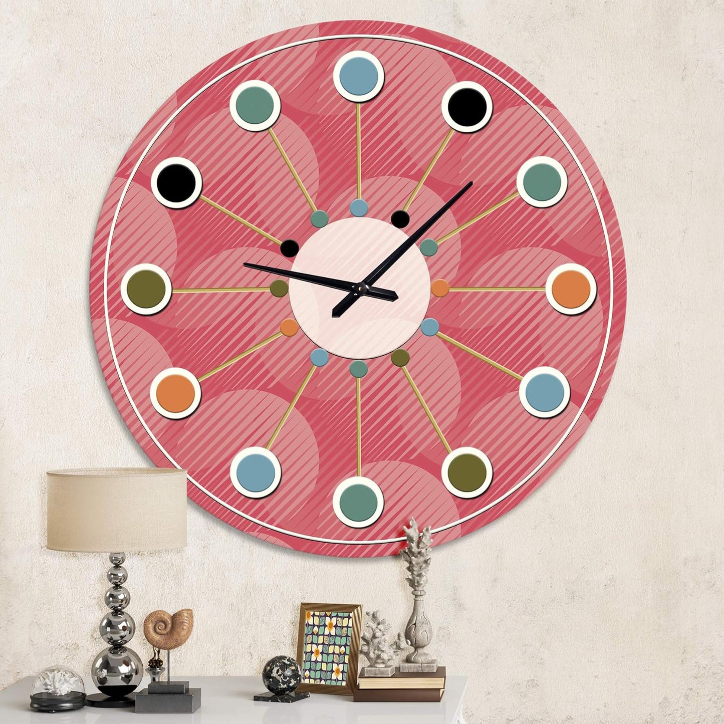 DesignQ Mid-Century Modern Wall Clock 'Coral Round Geometrical ' Pink Round Wall Clock for Office Decor