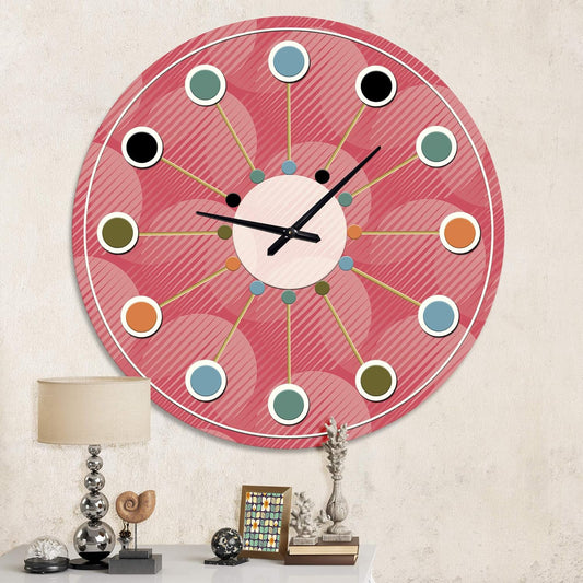 DesignQ Mid-Century Modern Wall Clock 'Coral Round Geometrical ' Pink Round Wall Clock for Office Decor