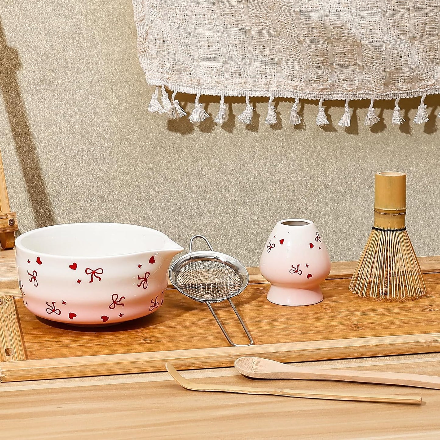 Koythin 6-Piece Ceramic Matcha Whisk Set, Cute Bow-Heart Matcha Bowl Set for Ceremony Tea-Lovers, Unique Tea Making Kit with Whisk Holder Scoop Two Bowls (Gradient Pink White)