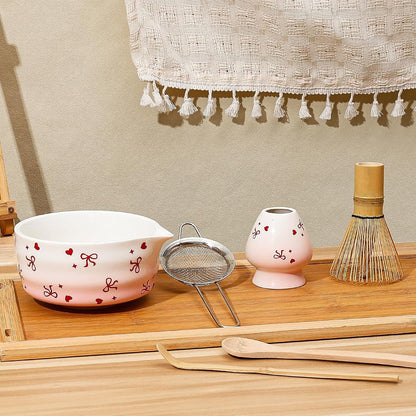 Koythin 6-Piece Ceramic Matcha Whisk Set, Cute Bow-Heart Matcha Bowl Set for Ceremony Tea-Lovers, Unique Tea Making Kit with Whisk Holder Scoop Two Bowls (Gradient Pink White)