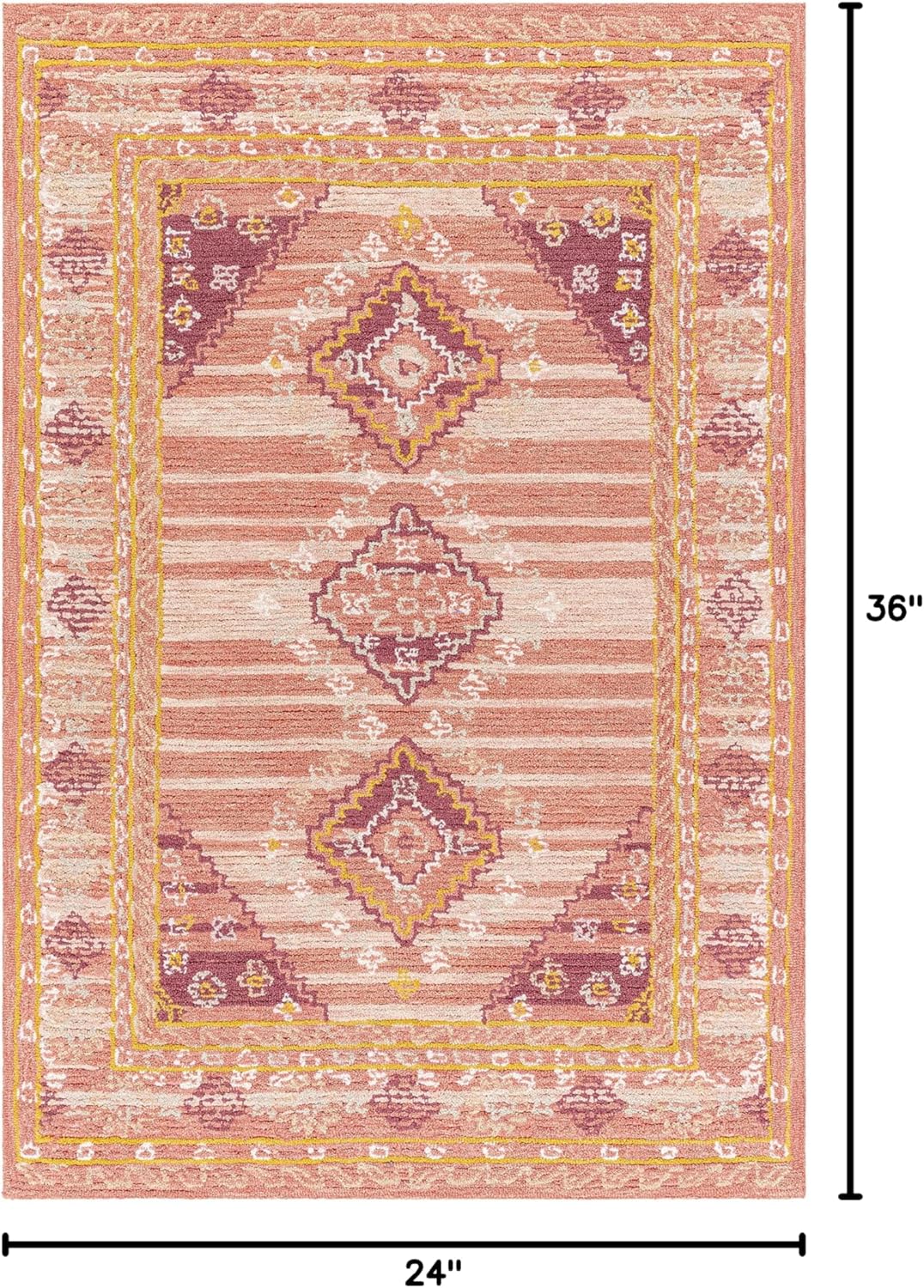 Hauteloom Zeno Wool Living Room, Bedroom Area Rug - Medallion Border Diamond Geometric Striped - Traditional Oriental Tribal Boho Transitional - Dusty Coral, Garnet, Bronze, Peach, Pink - 2' x 3'