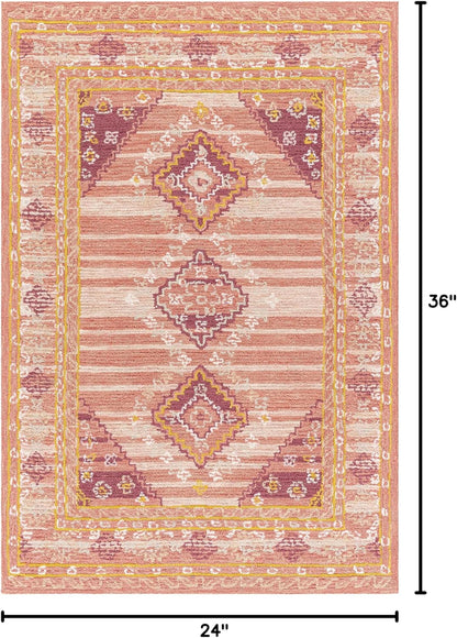 Hauteloom Zeno Wool Living Room, Bedroom Area Rug - Medallion Border Diamond Geometric Striped - Traditional Oriental Tribal Boho Transitional - Dusty Coral, Garnet, Bronze, Peach, Pink - 2' x 3'