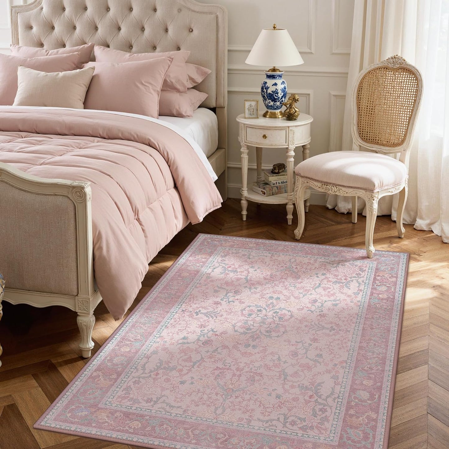 Pink Area Rug 4X6 Washable Rugs for Bedroom Girls Floral with Non Slip Backing, Low Pile Carpet for Entryway, Kitchen or Living Room, Light Pink Blue