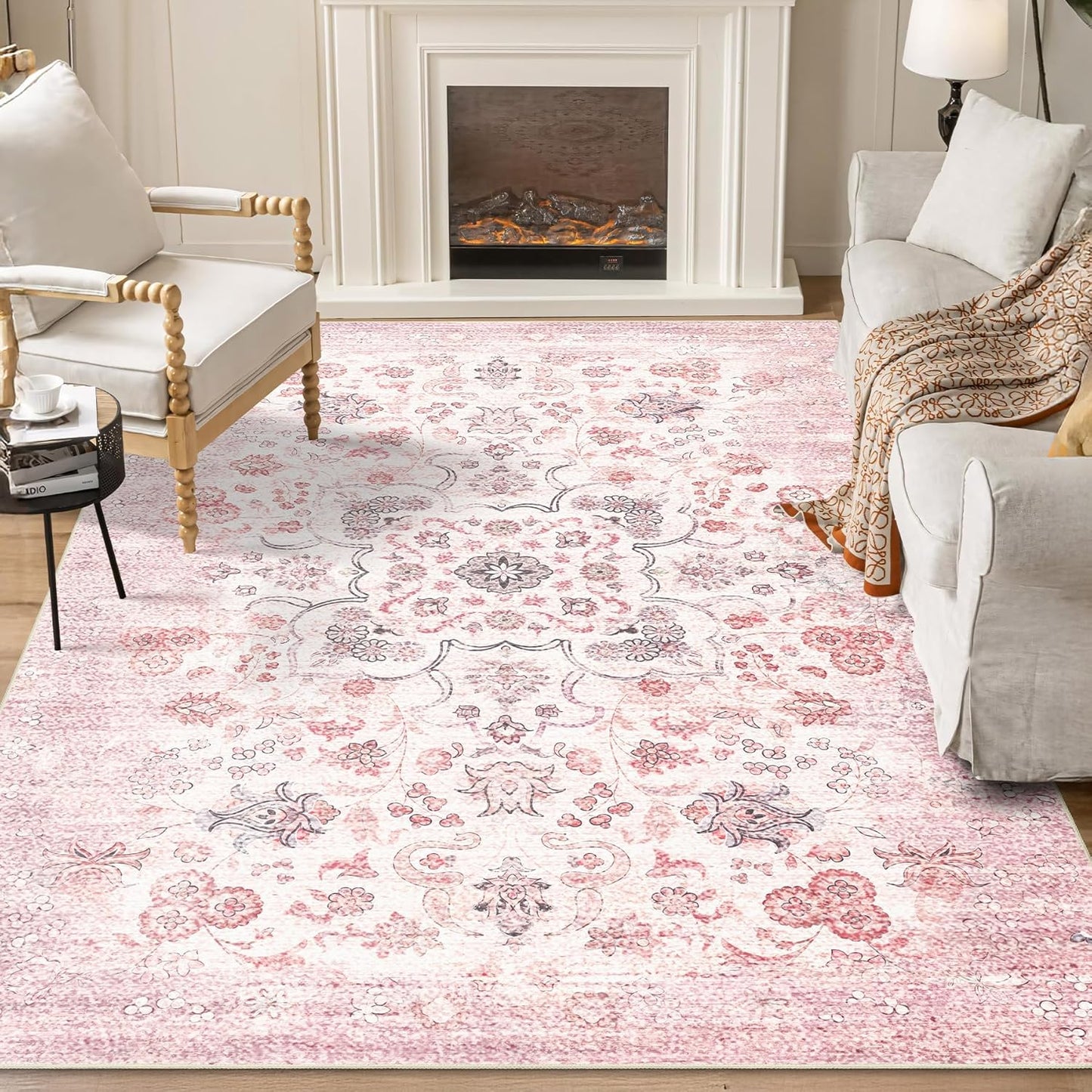 5x7 Area Rugs Washable,Pink Rug for Bedroom Living Room Kitchen Dining Room,Large Boho Vintage Bohemian Distressed Farmhouse Carpet Non Slip,Grey Blush Floral