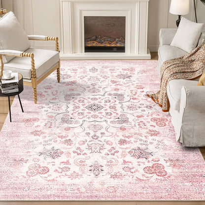 5x7 Area Rugs Washable,Pink Rug for Bedroom Living Room Kitchen Dining Room,Large Boho Vintage Bohemian Distressed Farmhouse Carpet Non Slip,Grey Blush Floral