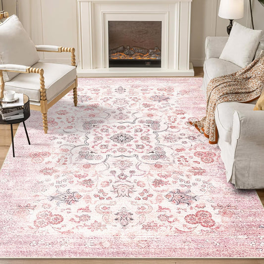 5x7 Area Rugs Washable,Pink Rug for Bedroom Living Room Kitchen Dining Room,Large Boho Vintage Bohemian Distressed Farmhouse Carpet Non Slip,Grey Blush Floral