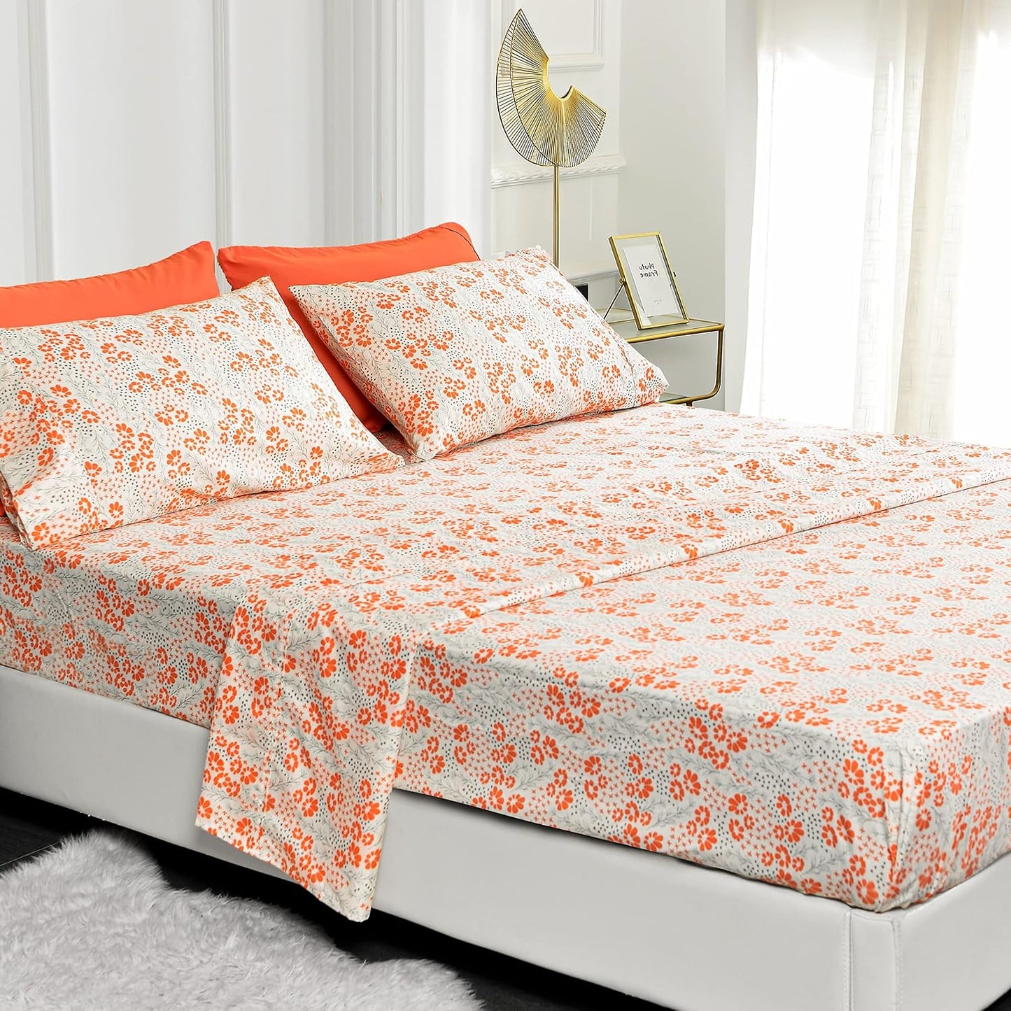 American Home Collection Ultra-Soft Microfiber Sheet Set - Double Brushed - Wrinkle and Stain Resistance - Fit 14 inches Deep Pocket - 6 Pieces Set (Queen, Peach Floral)