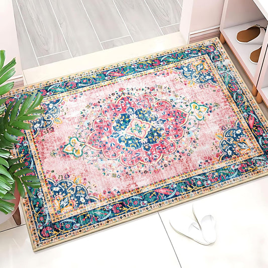 Small Area Rug 2x3 Pink Boho Bathroom Rug for Entryway Kitchen Blush Thin Foldable Vintage Throw Rug Low Pile Non Slip Washable Indoor Carpet