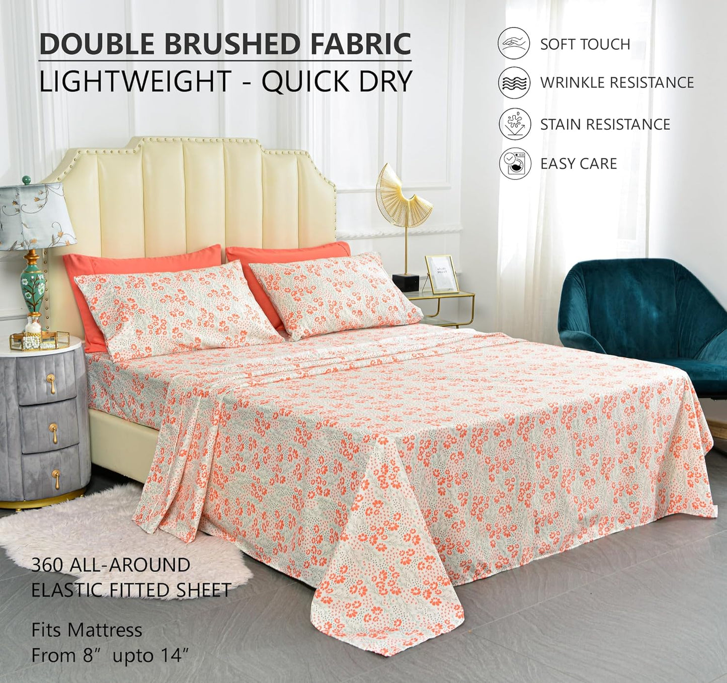 American Home Collection Ultra-Soft Microfiber Sheet Set - Double Brushed - Wrinkle and Stain Resistance - Fit 14 inches Deep Pocket - 6 Pieces Set (Queen, Peach Floral)