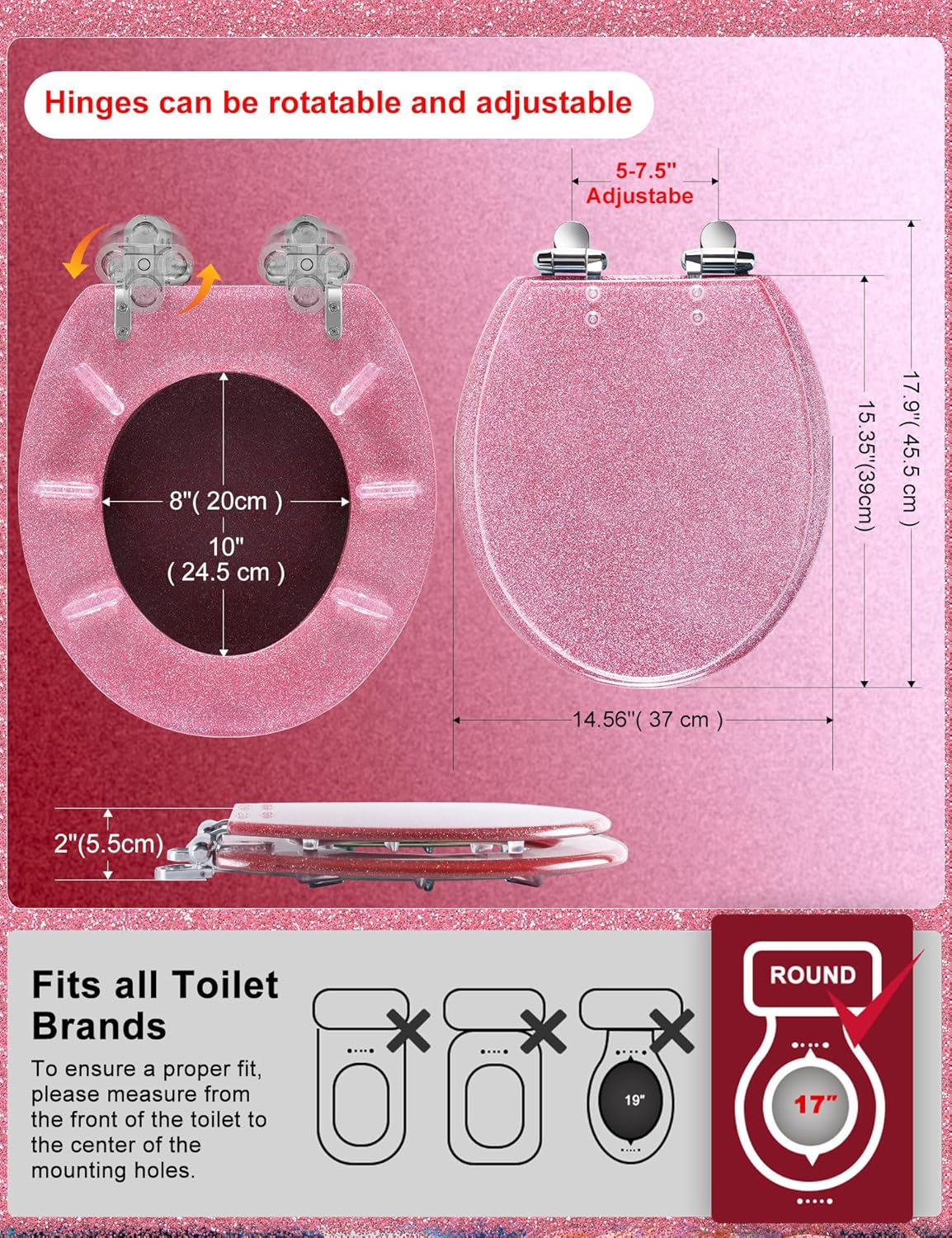 Angol Shiold ROUND Resin Toilet Seat Glitter Pink Soft Close Quick Release Adjustable Metal Hinge Easy to Install also Easy to Clean Decorative Acrylic Seats (17 Inch, Pink Glitter, Ugraded hinge)