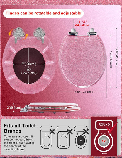 Angol Shiold ROUND Resin Toilet Seat Glitter Pink Soft Close Quick Release Adjustable Metal Hinge Easy to Install also Easy to Clean Decorative Acrylic Seats (17 Inch, Pink Glitter, Ugraded hinge)