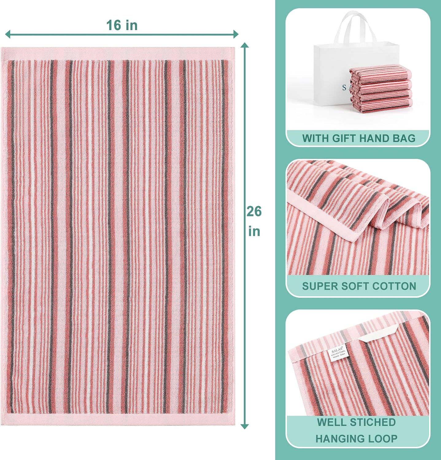 SALAS Premium Cotton Kitchen Dish Towels for Drying Dishes,Large Long Kitchen Hand Towels, Thick Highly Absorbent Dish Clothes Tea Towel Sets with Hanging Loop, 16" X 26", 4 Pcs, Pink