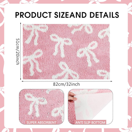 Tinideya Pink Bow Bathroom Rug 20x32 Inch Coquette Bath Mat Non Slip Absorbent Microfiber Floor Mat Machine Washable Cute Bow Rug for College Dorm Vanity Bedroom Bathroom Decor