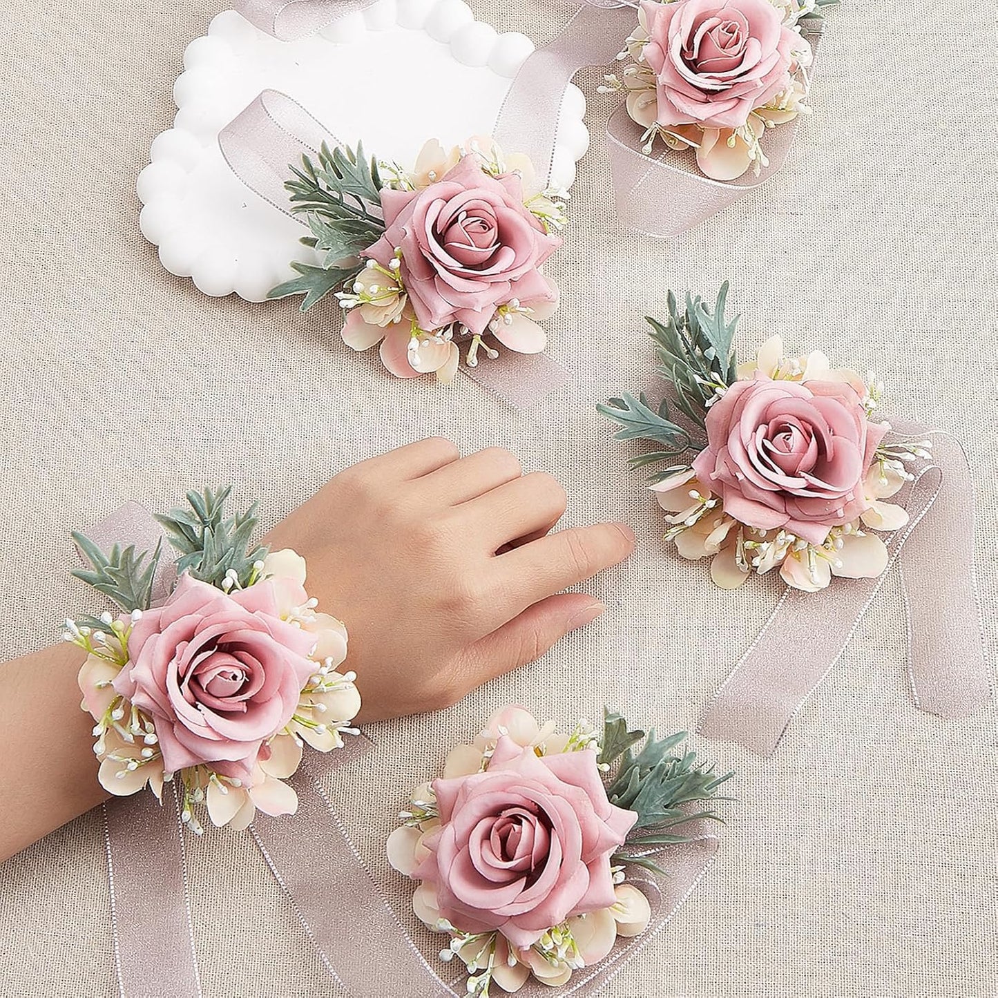 LeLehome 2PCS Rose Flower Wrist Corsage and Boutonniere Set - Artificial Floral Wristlet for Wedding Party Prom Women Men Groom Groomsmen Bride Bridesmaid (Pink)