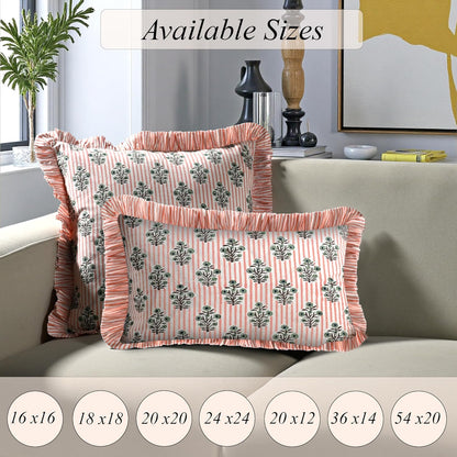 Ridhi Block Print Salmon Blossom Throw Pillow Cover 18" x 18" (Pack of 2) Decorative Cushion Covers with Ruffle for Couch, Sofa, Bed, Living Room, Home Decor Gift for Spring, Easter, Valentine