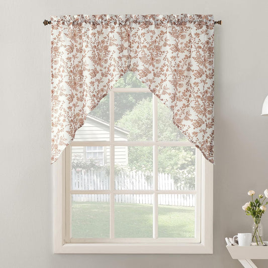 No. 918 Eloise 2-Pack Tonal Botanical Semi-Sheer Rod Pocket Kitchen Curtain Swag Pair, Blush Pink, 27" W x 38" L