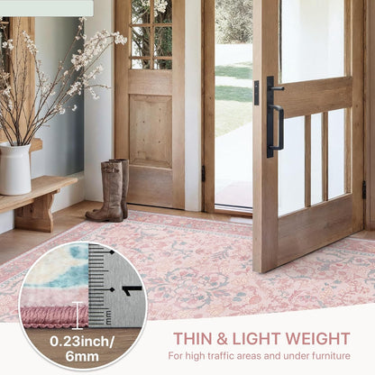Pink Area Rug 4X6 Washable Rugs for Bedroom Girls Floral with Non Slip Backing, Low Pile Carpet for Entryway, Kitchen or Living Room, Light Pink Blue