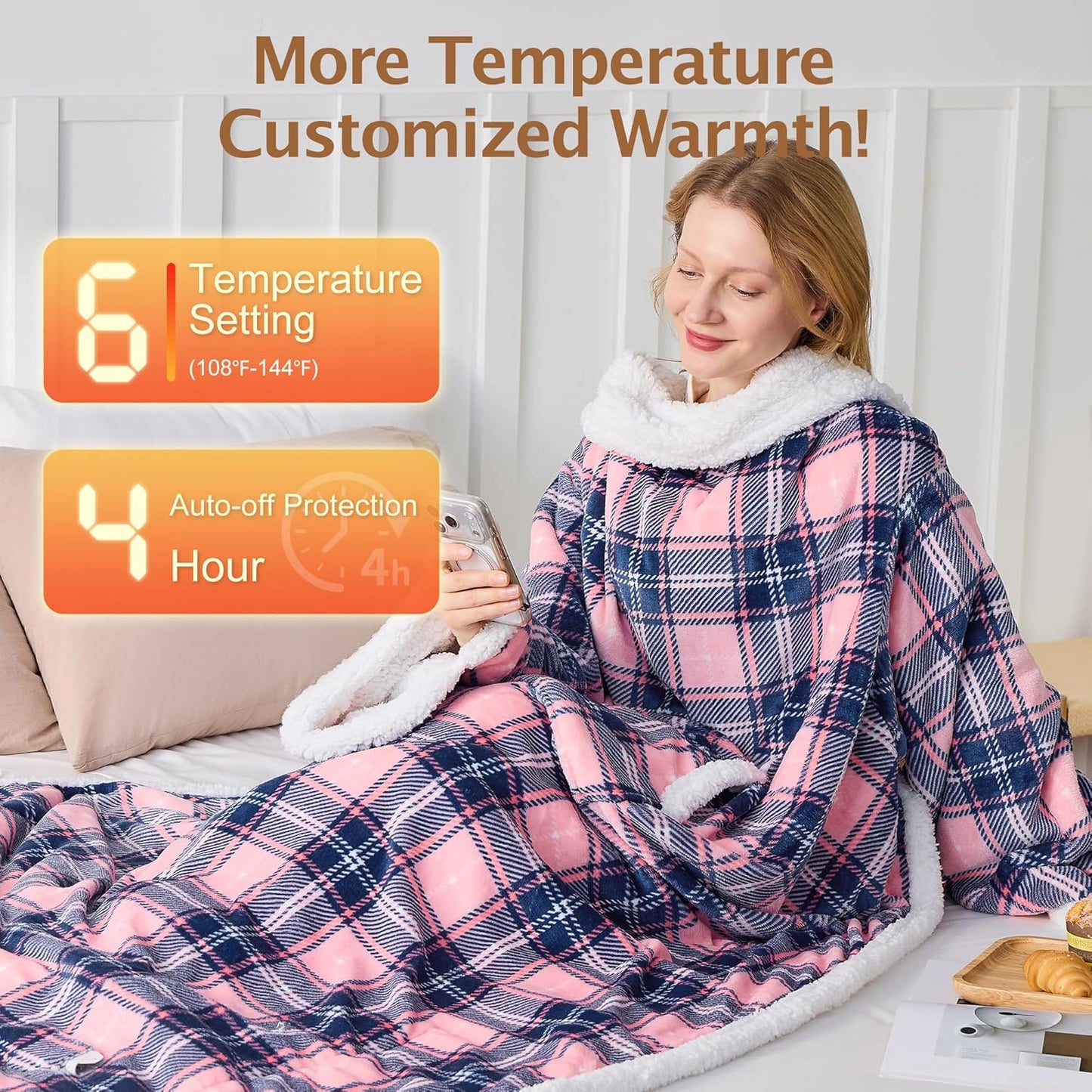 Electric Heated Blanket Wearable Throw with Foot Pocket & Front Pouch – 6 Heat Settings, 4H Auto-Off, Reversible Flannel & Sherpa, Oversized 52"x72" Heated Blanket for Bed or Couch, Pink Plaid