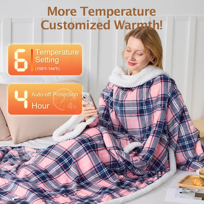 Electric Heated Blanket Wearable Throw with Foot Pocket & Front Pouch – 6 Heat Settings, 4H Auto-Off, Reversible Flannel & Sherpa, Oversized 52"x72" Heated Blanket for Bed or Couch, Pink Plaid