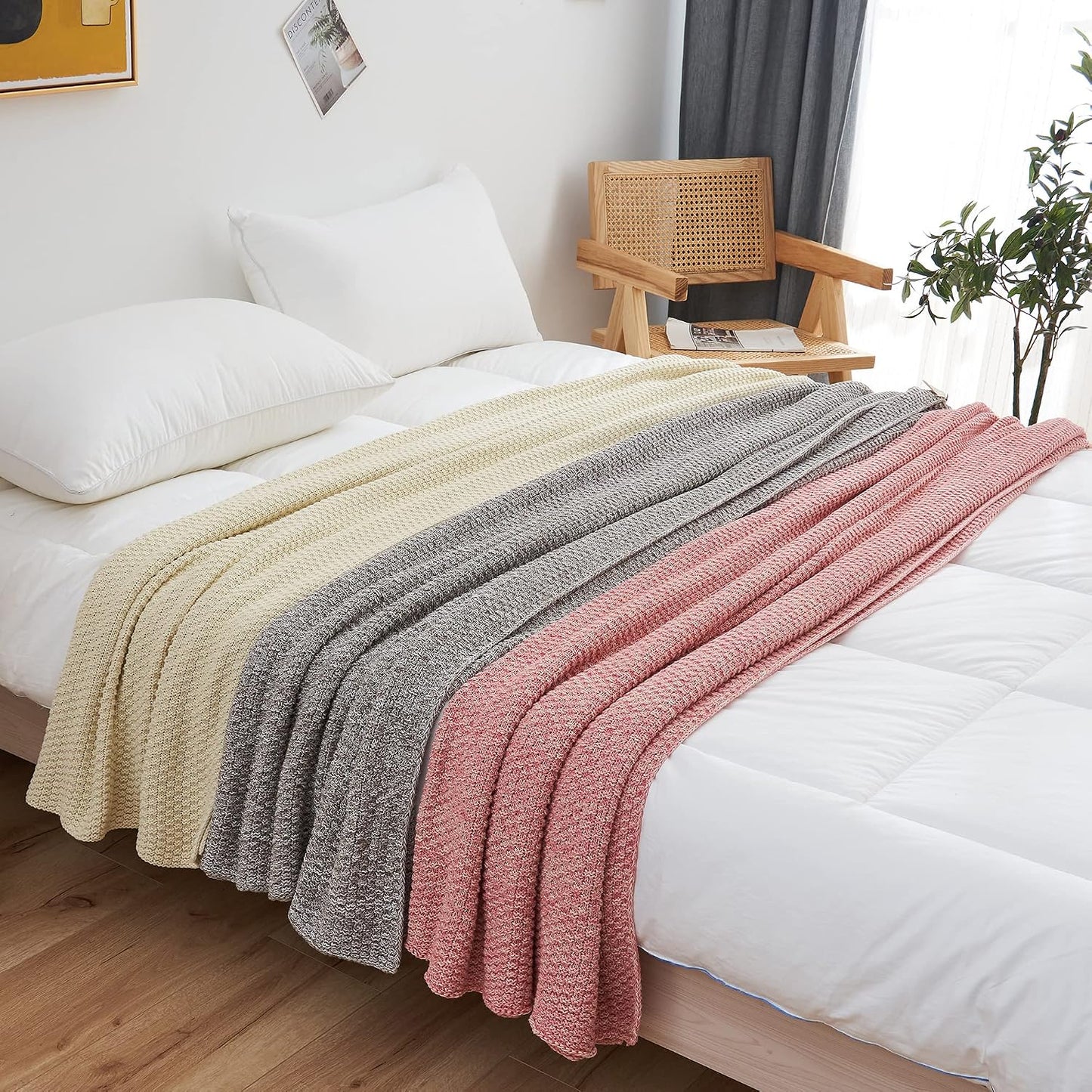 Longhui bedding 100% Cotton Knitted Throw Blanket – Pink, Soft & Cozy, Machine Washable, 60"x80" – Perfect for Living Room, Couch, Sofa, Bed or Travel