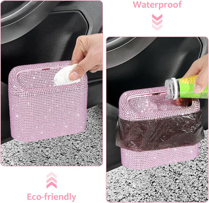 Accmor Bling Car Trash Can with Lid, Leak-Proof Mini Vehicle Trash Bin Automotive Dustbin Organizer Storage, Sparkling Crystal Trash Bag Container with 30pcs Garbage Bags for Car, Home, Office (Pink)