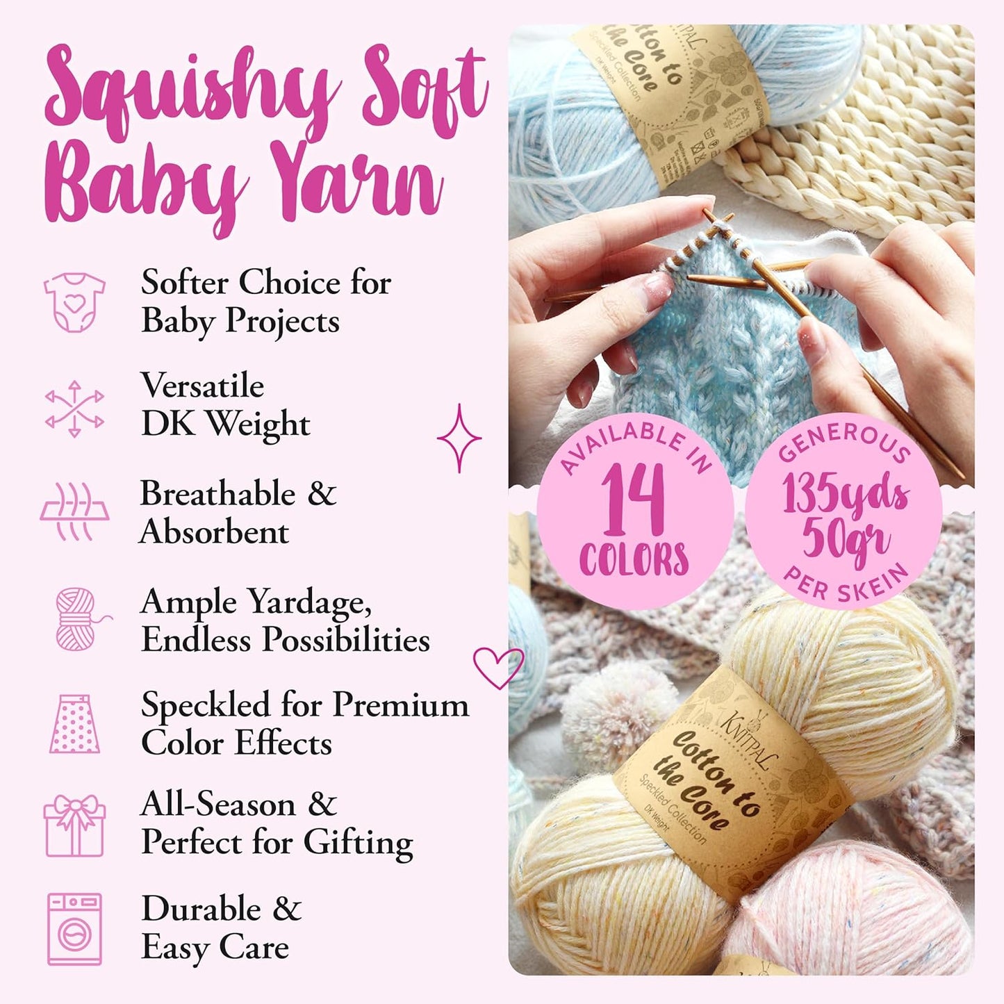 Cotton to The Core Speckled Soft Baby Yarn for Crocheting, 6-Pack (810Yds / 300G), Free Patterns - Size 3 DK Light Worsted Weight Cotton Yarn for Knitting - Light Peach