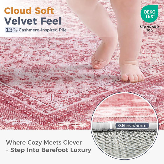 OPPODREAM Vintage Pink Area Rugs 5x7, 5 x 7 Retro Washable Rug Non Slip, Low-Pile Faux Wool Carpet, Distressed Floor Mat for Living Room, Bedroom, Kitchen, Office, Dorm, Dinning Room
