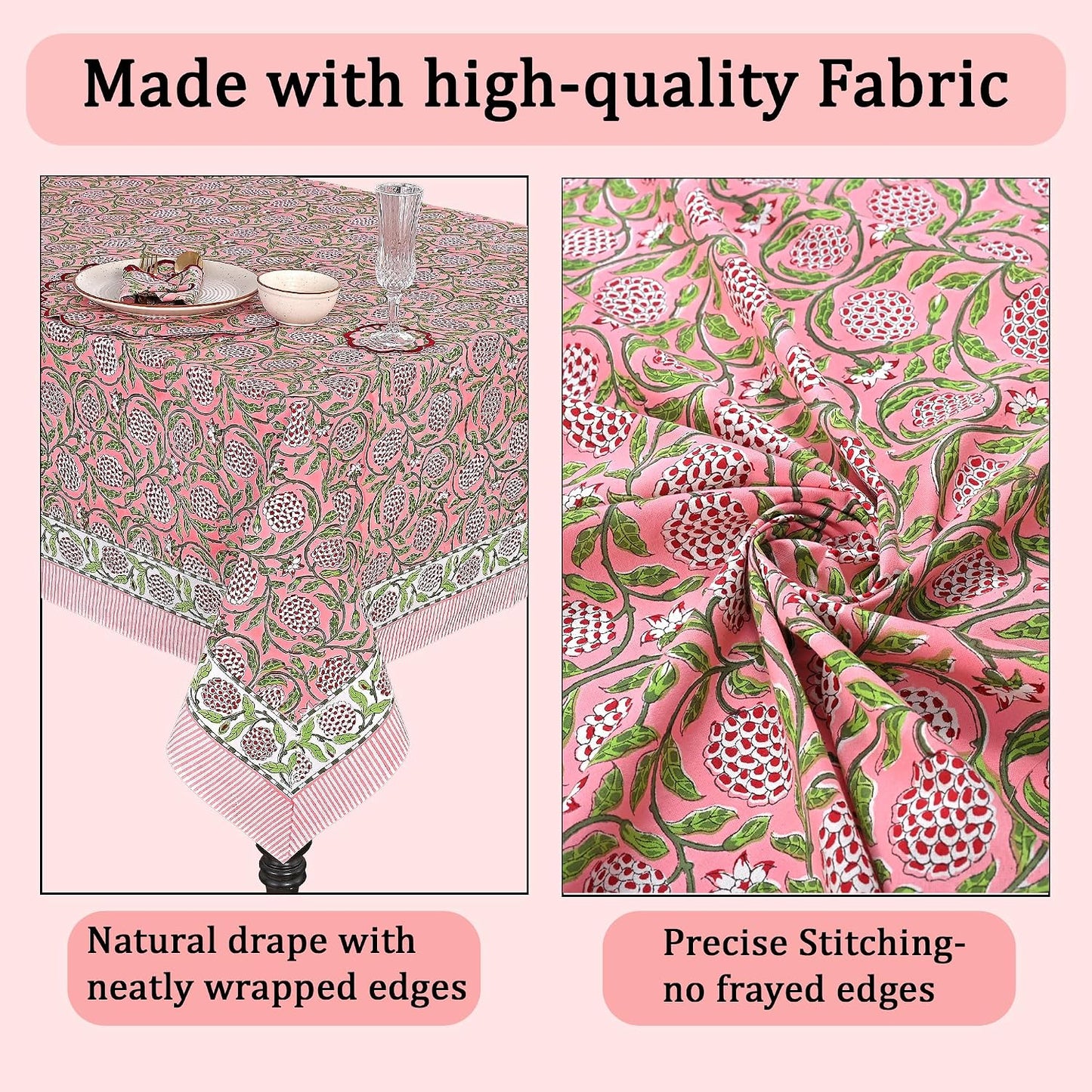 Ridhi Strawberry Pink Hand Block Print Cotton Rectangle Tablecloth 60" x 60" inches Reusable Table Cover Decorative Everyday Use for Dining Room, Farmhouse, Home Gift for Spring, Mother's Day