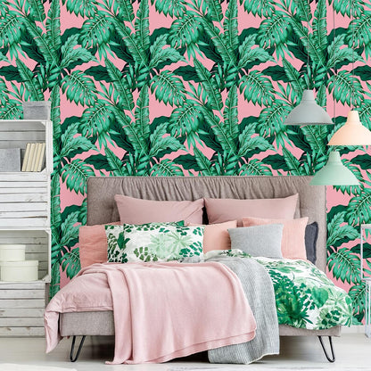 VEELIKE 17.7''x118'' Pink Tropical Wallpaper Peel and Stick Exotic Palm Leaves Wallpaper Mural Self Adhesive Pink Contact Paper Decorative Removable Wall Paper for Bedroom Bathroom Accent Walls Decor