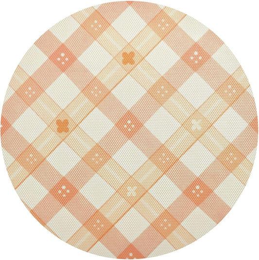 Peach Plaid with Flowers Pattern PVC Non-Slip Heat Resistant Place mats Washable Round Dining Table mats Set, 1 Pack